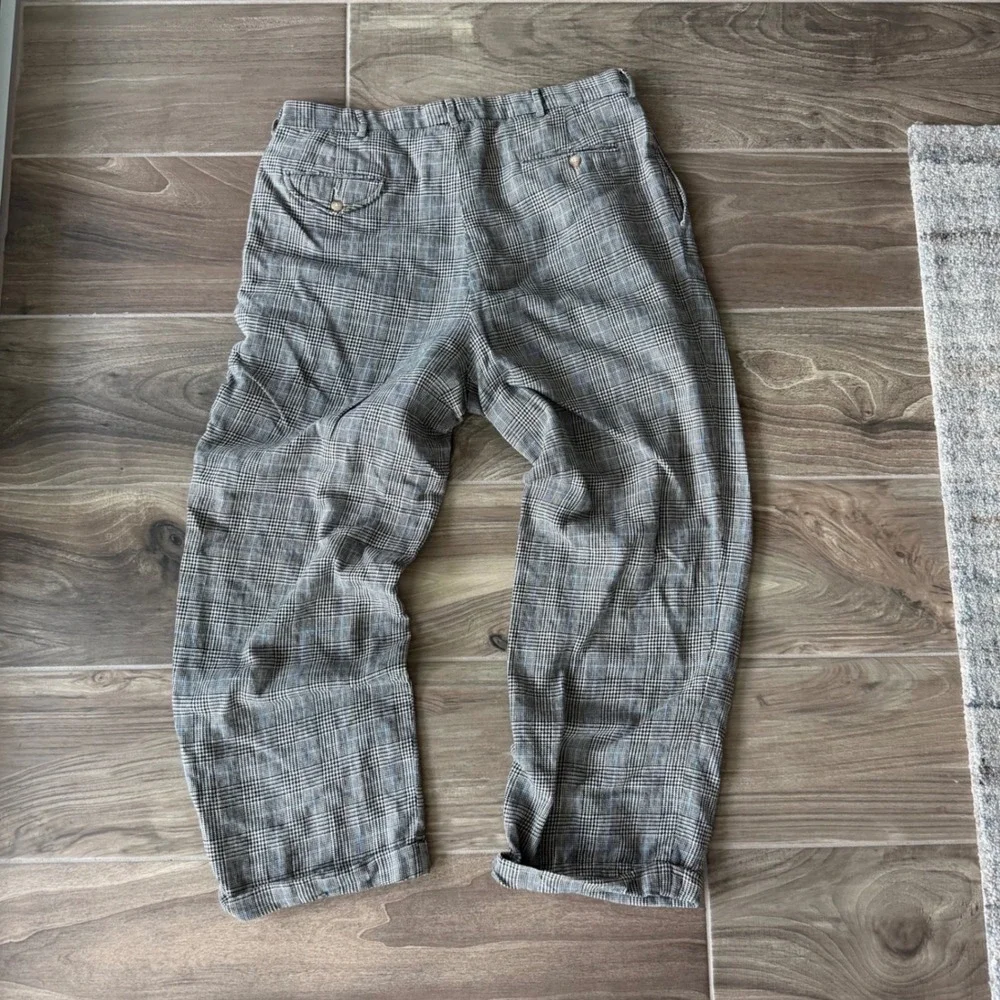 Polo Ralph Lauren Mens Glen Plaid‎ Linen Cotton Pleated Cuffed Pants 35x26.5